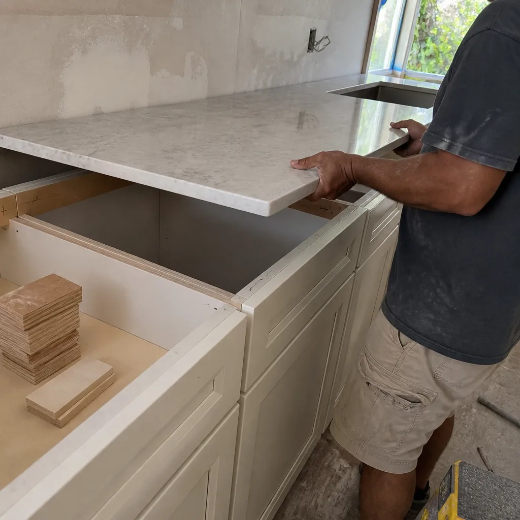 Contractor installing a stone kitchen countertop on new white cabinets
