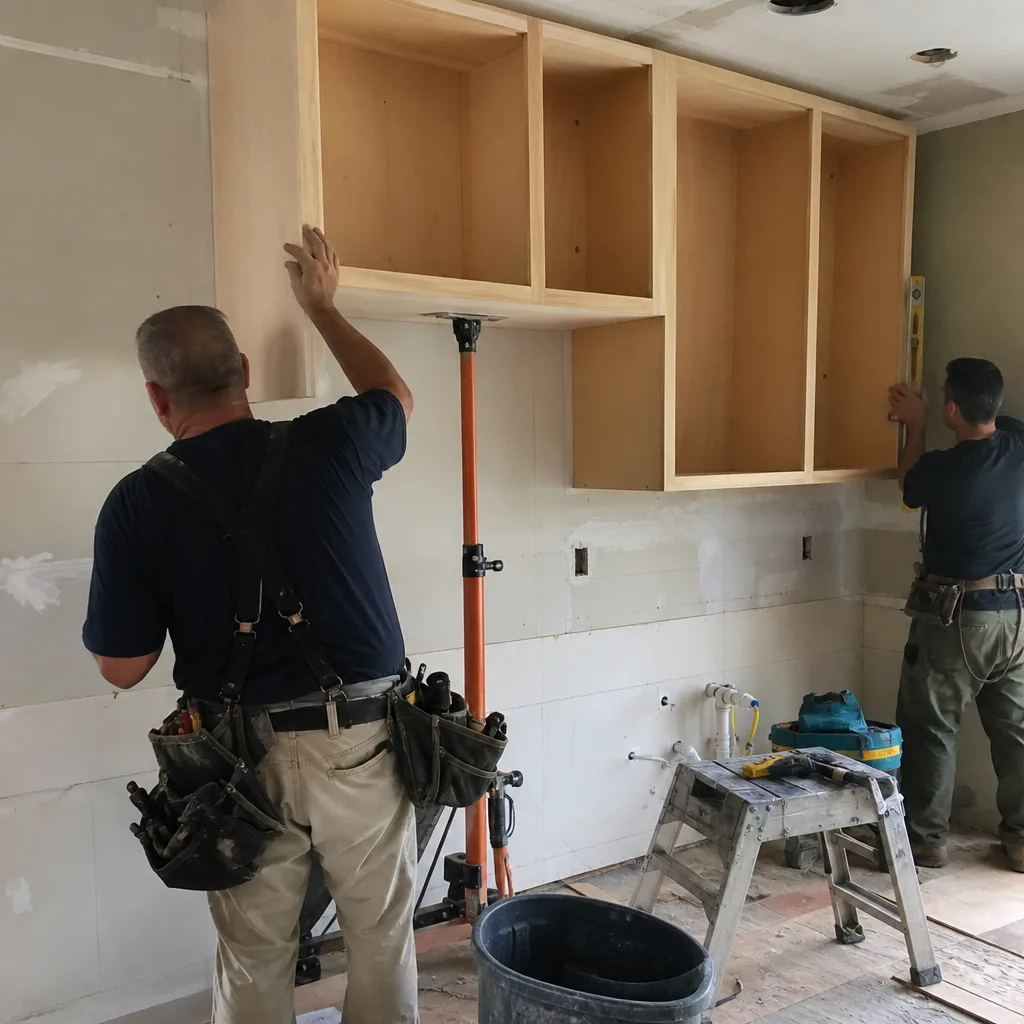 Two professional contractors installing new kitchen wall cabinets