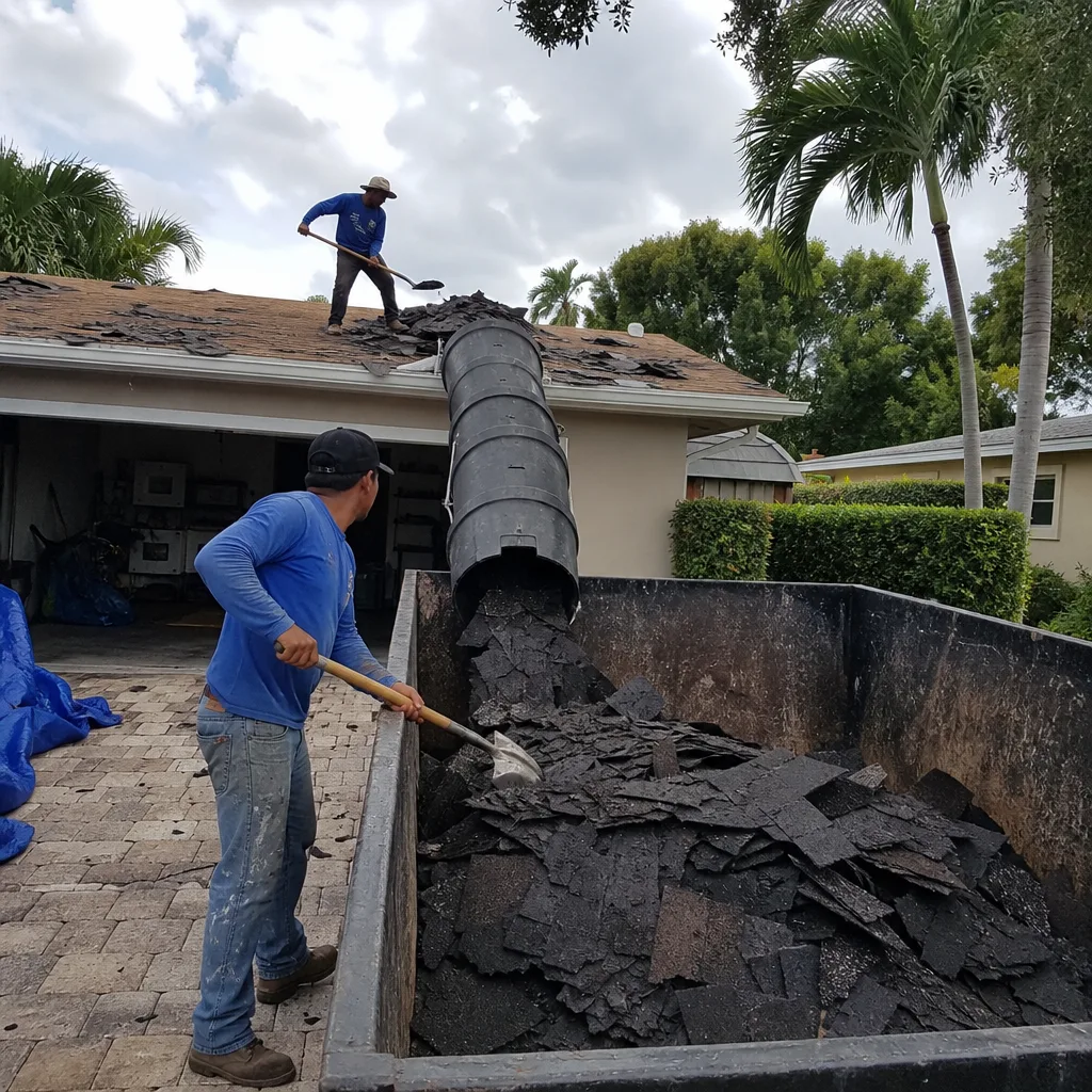 Workers removing shingles from a roof into a dumpster