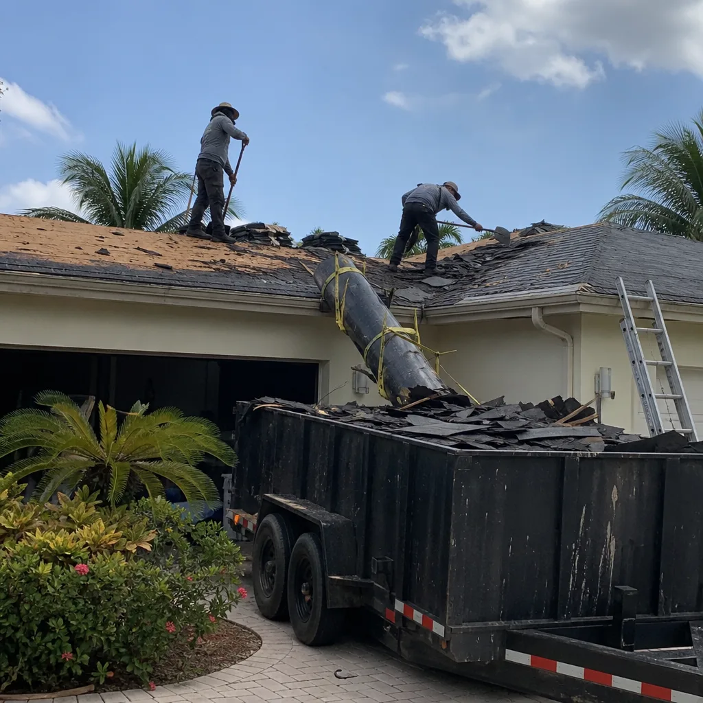 professional roofers performing residential roof replacement and debris removal